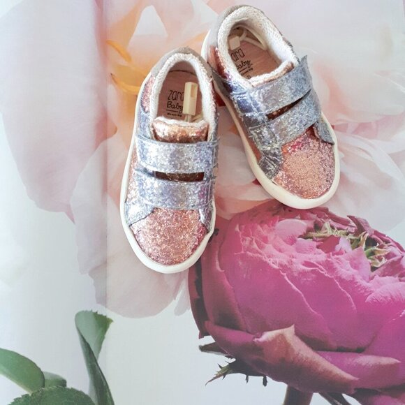 NWOT Zara Baby rose gold, gold & silver shiny glitter effect sneakers - Picture 3 of 15